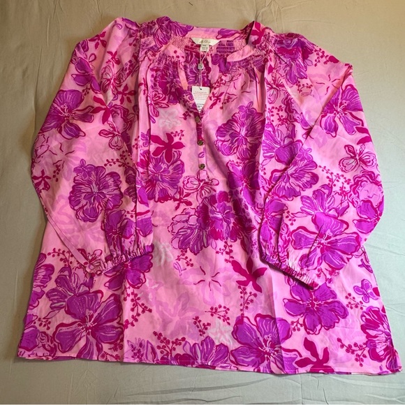 Lilly Pulitzer Elsa Silk Top Parigi Pink Supporting Squad Long Sleeve XXL NWT - Picture 6 of 15